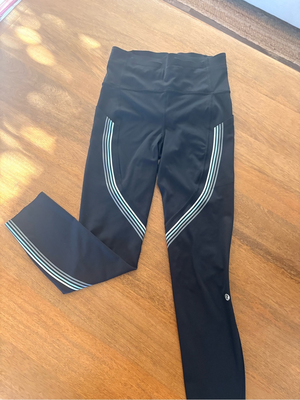 lululemon athletica Black Leggings with Teal & White Stripes